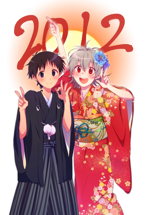 2boys, blue_eyes, blush, brown_hair, finger_gun, floral_print, flower, grey_hair, hair_flower, hair_ornament, hakama, happy, ikari_shinji, japanese_clothes, kimono, multiple_boys, nagisa_kaworu, neon_genesis_evangelion, nerv, new_year, ok_sign, open_mouth, pom_pom_(clothes), pom_pom_(clothing), red_eyes, short_hair, shou_(past), smile, sun, v