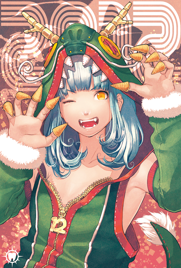 animal_costume, bugles, claws, detached_sleeves, dragon_costume, dragon_girl, fangs, juuden