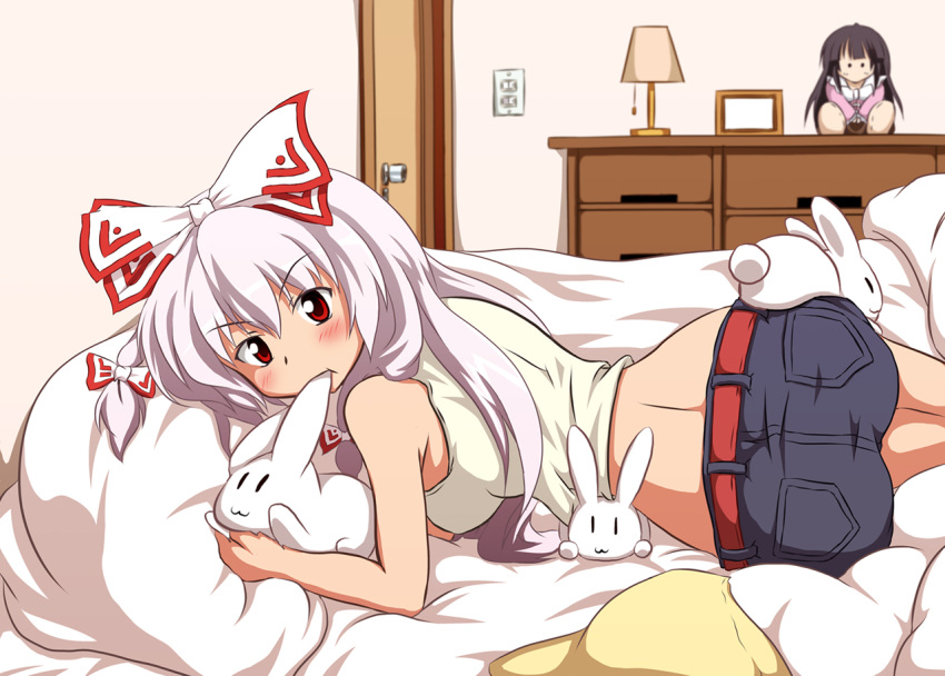 >:(, :3, :t, alternate_costume, ass, bangs, bed, bedroom, belt, biting, blush, bow, breasts, bunny, casual, character_doll, contemporary, ear_biting, from_behind, fujiwara_no_mokou, hair_bow, houraisan_kaguya, indoors, lamp, long_hair, looking_at_viewer, lying, midriff, on_bed, pillow, rabbit, red_eyes, shorts, silver_hair, solo, straight_hair, sumikaze_midi, touhou, white_hair