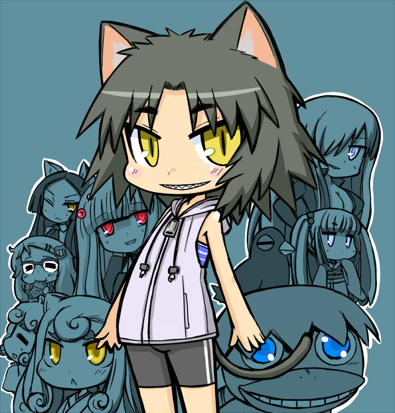 bird, black_hair, blue_eyes, cat_ears, cat_tail, character_request, crow, dog_ears