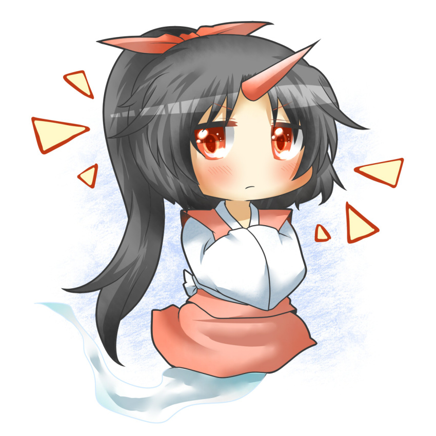 black_hair, blush, chibi, ghost_tail, hair_ribbon, horn, japanese_clothes, kataginu