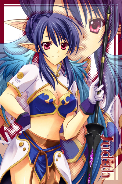 blue_hair, bolero, character_name, cropped_jacket, gloves, hand_on_hip, hips, hiryuu_kanon, judith, long_hair, midriff, pointy_ears, polearm, purple_eyes, smile, solo, spear, tales_of_(series), tales_of_vesperia, violet_eyes, weapon, white_gloves, zoom_layer