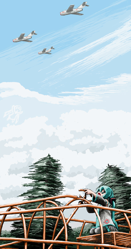 cloud, fighter_jet, hatsune_miku, jet, mig-15, military, rxjx, sky