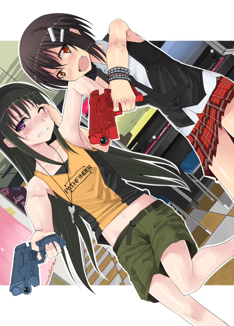akemi_homura, alternate_costume, arcade, armpits, bare_shoulders, black_hair, casual, dutch_angle