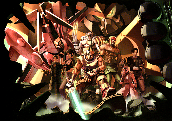 2girls, 5boys, abs, alex, antenna_hair, artist_request, bulletproof_vest, byakko_(star_gladiator), choukou_senki_kikaioh, choukou_senki_kikaiou, claire_redfield, claw_(weapon), company_connection, crossover, forehead_protector, gun, headband, ibuki, kanzaki_hayato_(star_gladiator), kikaioh, leon_s_kennedy, mecha, multiple_boys, multiple_girls, muscle, ninja, official_art, pistol, ponytail, resident_evil, star_gladiator, steve_burnside, street_fighter, street_fighter_iii, street_fighter_iii:_3rd_strike, submachine_gun, weapon