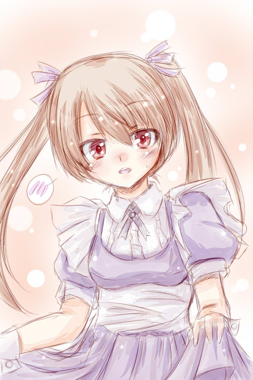blush, brown_hair, cilfy, dress, heart, long_hair, looking_at_viewer, maid