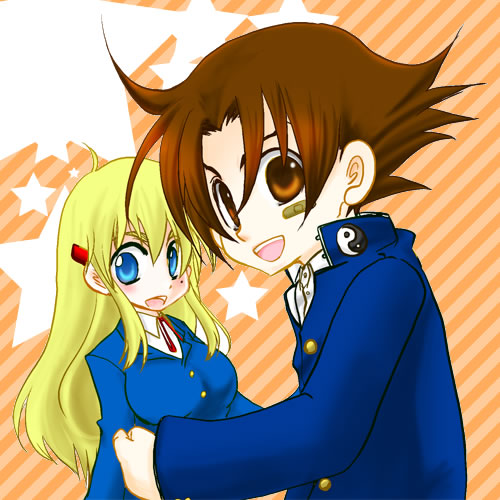 blonde_hair, breasts, brown_hair, furinji_miu, large_breasts, lowres, school_uniform, shijou_saikyou_no_deshi_ken'ichi, shijou_saikyou_no_deshi_kenichi, shirahama_ken'ichi, shirahama_kenichi, t_sabaku