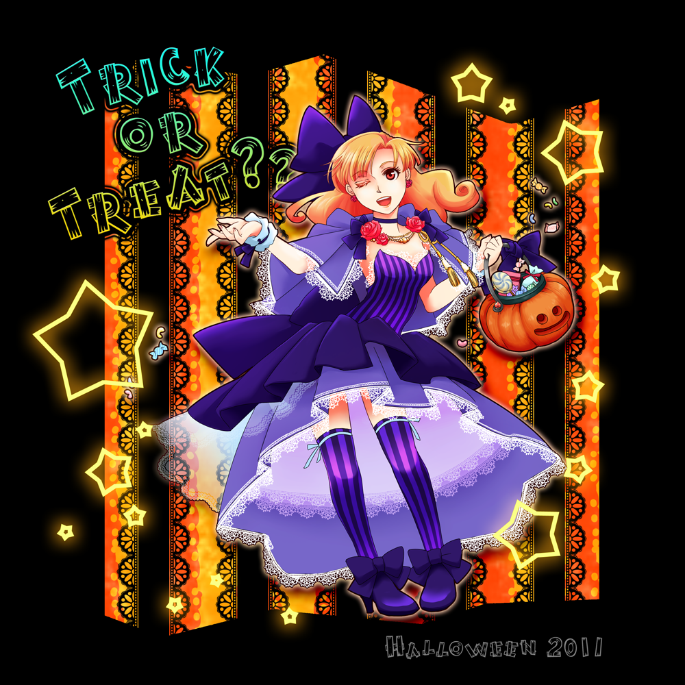 2011, alena, bow, candy, cape, choker, curly_hair, dragon_quest, dragon_quest_iv, dress, earrings, flower, frilled_dress, frills, hair_bow, halloween, high_heels, jack-o'-lantern, jack-o'-lantern, jewelry, long_hair, open_mouth, orange_hair, red_eyes, rose, shoes, smile, solo, sorara, star, striped, striped_legwear, thigh-highs, thighhighs, trick_or_treat, vertical-striped_legwear, vertical_stripes, wink, wrist_cuffs