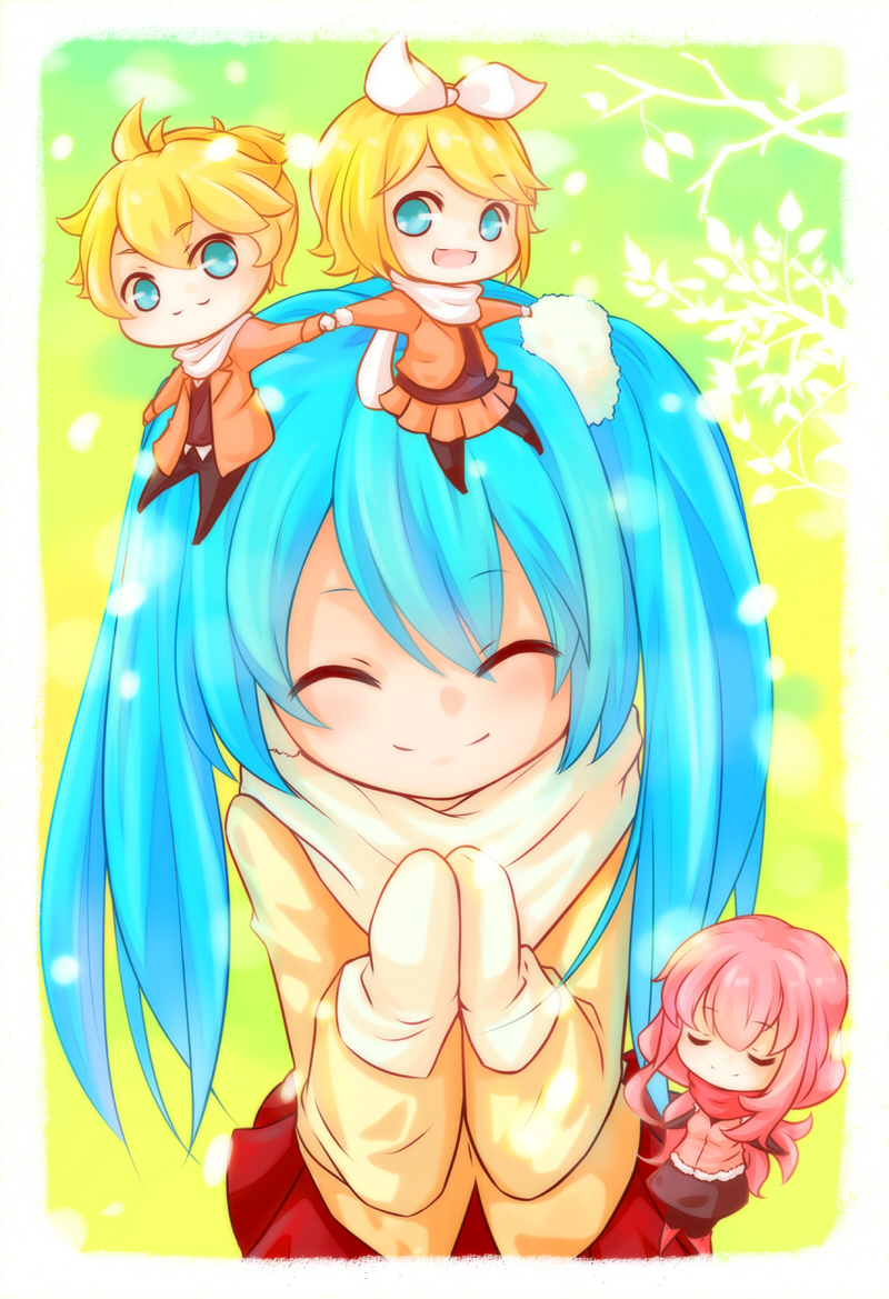 3girls, aqua_eyes, aqua_hair, blonde_hair, chibi, closed_eyes, eyes_closed, hand_holding