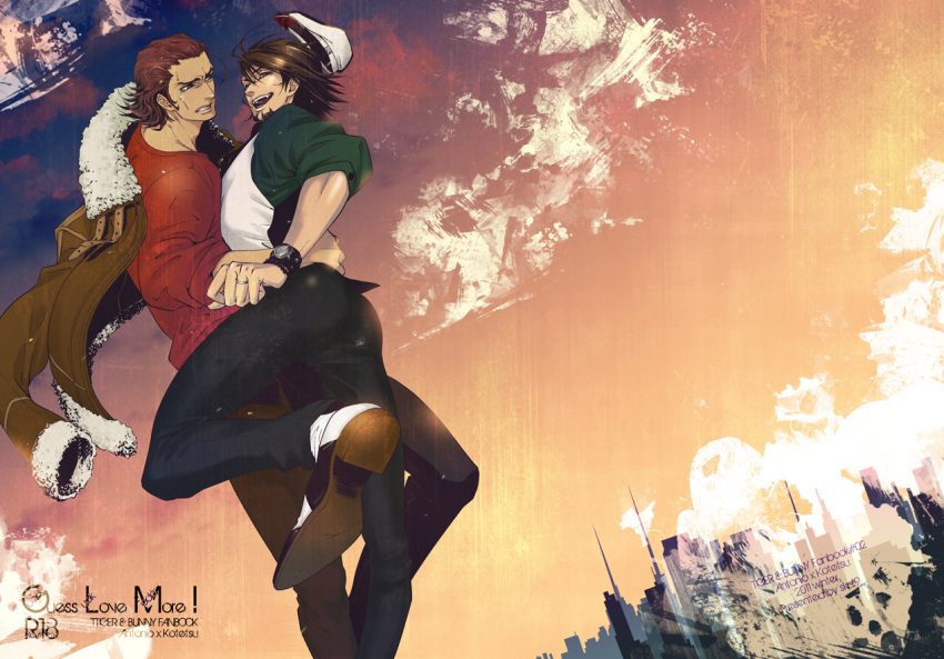 antonio_lopez, bracelet, brown_eyes, brown_hair, cabbie_hat, catching, cover, cover_page, dark_skin, doujin_cover, facial_hair, falling, green_eyes, hat, jacket, jewelry, kaburagi_t_kotetsu, kakeyoshi, male, multiple_boys, off_shoulder, okamoto_k_munesumi, short_hair, stubble, sweatdrop, t-shirt, tiger_&amp;_bunny, vest, waistcoat, watch, wristwatch