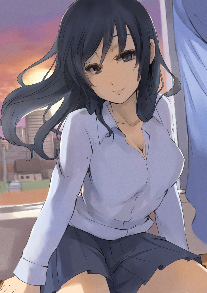 black_eyes, black_hair, breasts, building, cleavage, curtains, house, jonasan