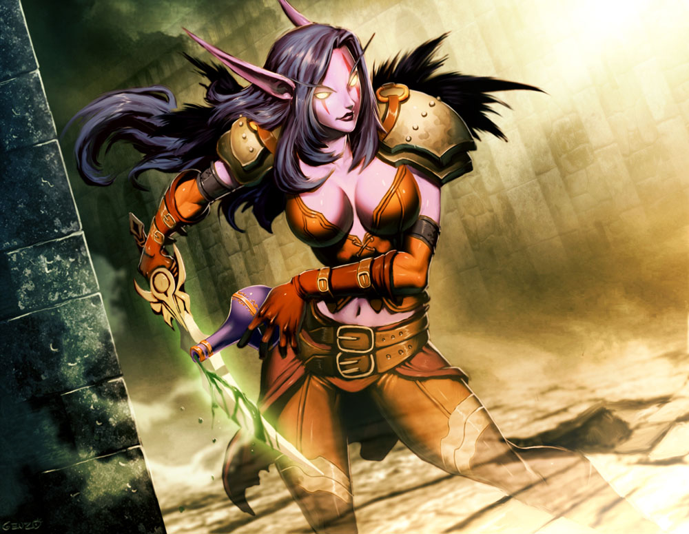breasts, cleavage, dagger, elf, facial_mark, genzoman, gloves, glowing