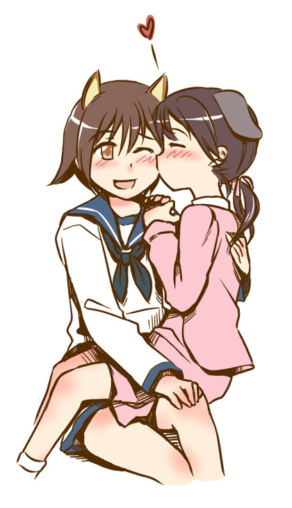 animal_ears, blush, brown_hair, cheek_kiss, closed_eyes, dress, gertrud_barkhorn, heart, kiss, miyafuji_yoshika, mukiki, multiple_girls, school_uniform, serafuku, sitting, sitting_on_lap, sitting_on_person, strike_witches, time_paradox, twintails, wink, young