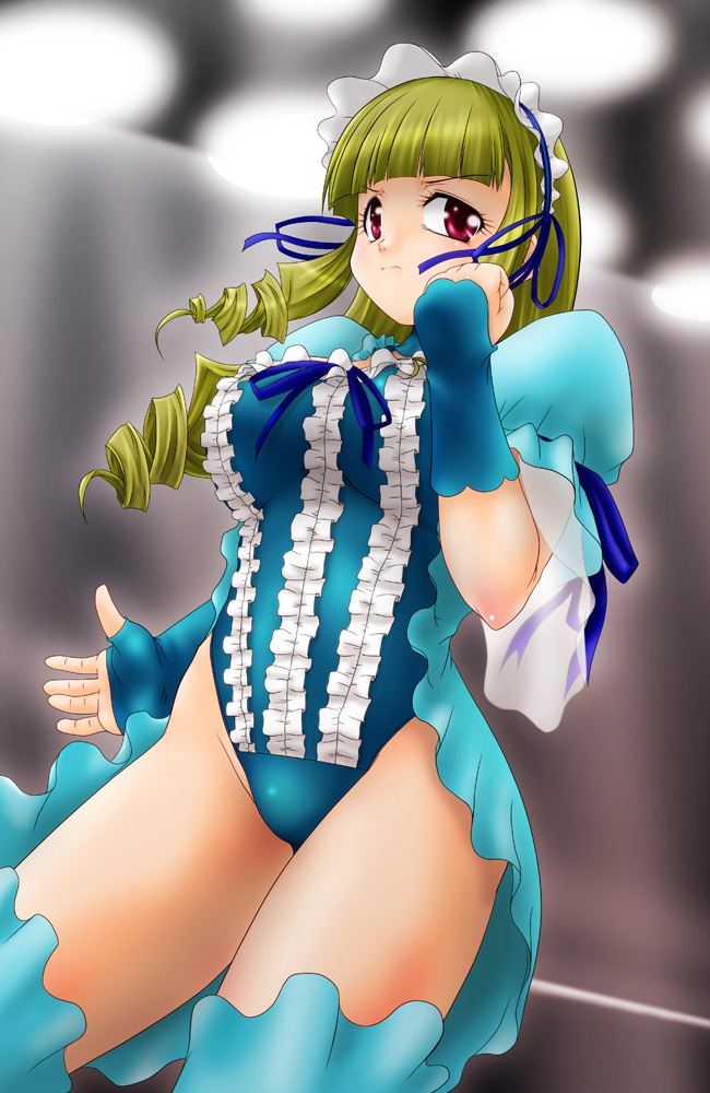 breasts, drill_hair, fingerless_gloves, frills, gloves, gothic_lolita, green_hair, hairband, leotard, lolita_fashion, long_hair, oozora_migiri, ozora_migiri, purple_eyes, smile, solo, standing, thigh-highs, thighhighs, utu8, violet_eyes, wrestle_angels, wrestle_angels_survivor, wrestle_angels_survivor_2, wrestling_outfit