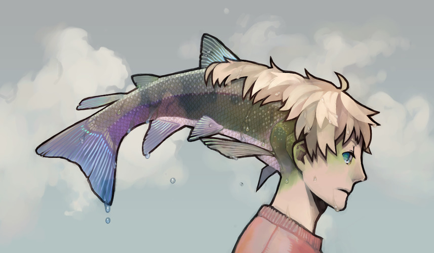 blue_eyes, fish, fish_for_a_head, fish_takenaka, for_a_head, gag_manga_biyori, honnomusi323, human