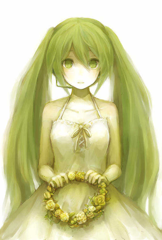 bad_id, dress, green_eyes, green_hair, hatsune_miku, head_wreath, headset, long_hair