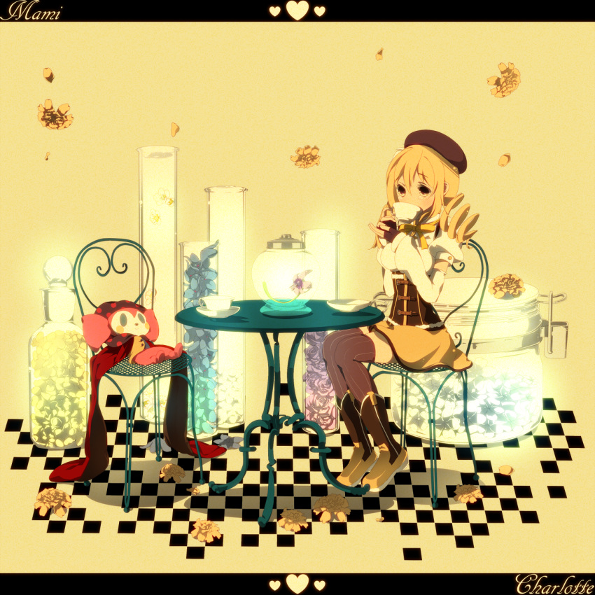 beret, black_legwear, blonde_hair, boots, chair, character_name, charlotte_(madoka_magica), checkered