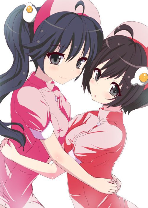 araragi_karen, araragi_tsukihi, asymmetrical_hair, bakemonogatari, hug, long_hair, monogatari_(series), natsumi, nisemonogatari, nurse, short_hair, siblings, side_ponytail, sisters