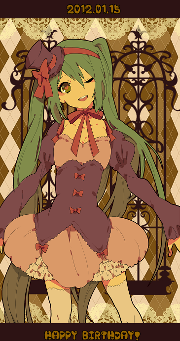 2012, dated, dress, green_eyes, green_hair, hairband, hat, hatsune_miku