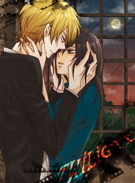 bella_swan, blonde_hair, brown_eyes, brown_hair, choker, edward_cullen, moon, night, the_twilight_saga, window, yellow_eyes