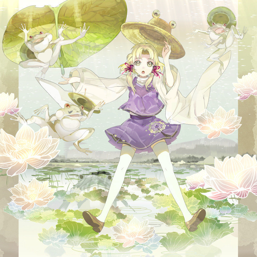 1ten, blonde_hair, brown_eyes, flower, frog, hat, highres, leaf