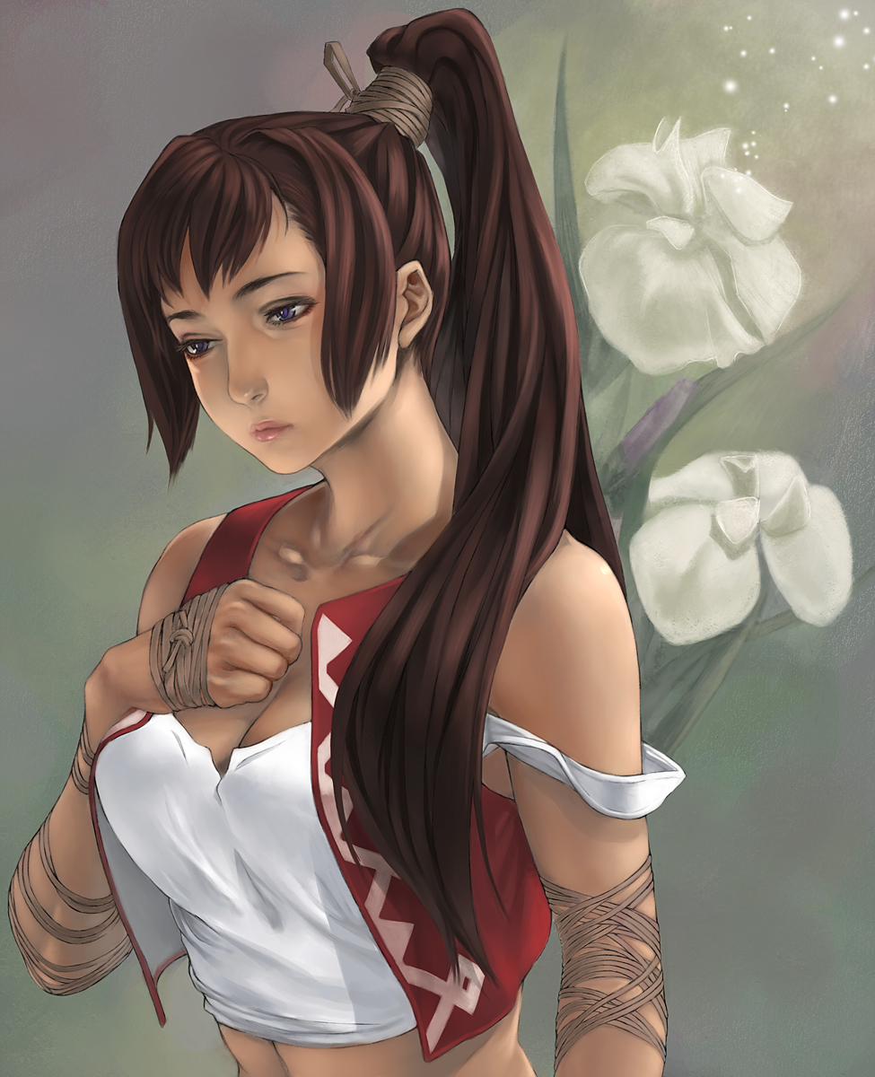 breasts, brown_hair, cleavage, highres, kazakami_yuu, lips, noloty, ponytail