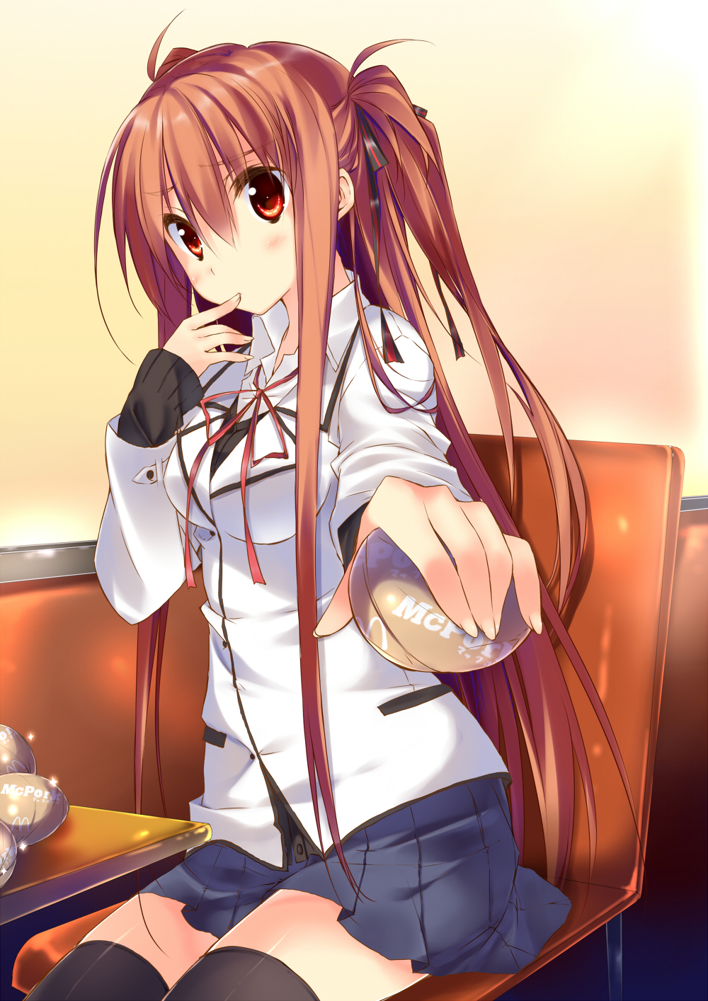 black_legwear, blush, brown_hair, chair, finger_to_mouth, food, giving, hair_between_eyes