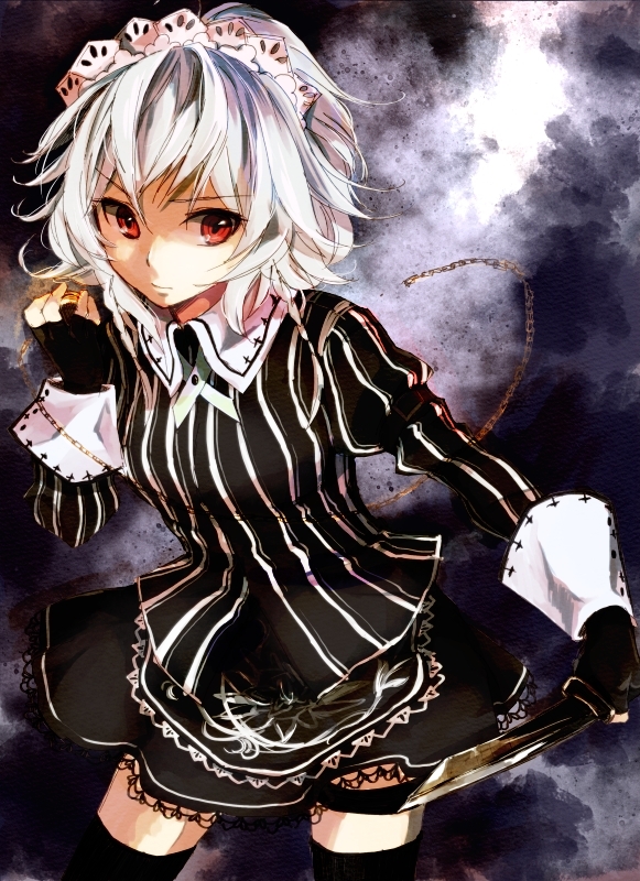 alternate_costume, black_gloves, black_legwear, chain, fingerless_gloves, gloves, holding, izayoi_sakuya
