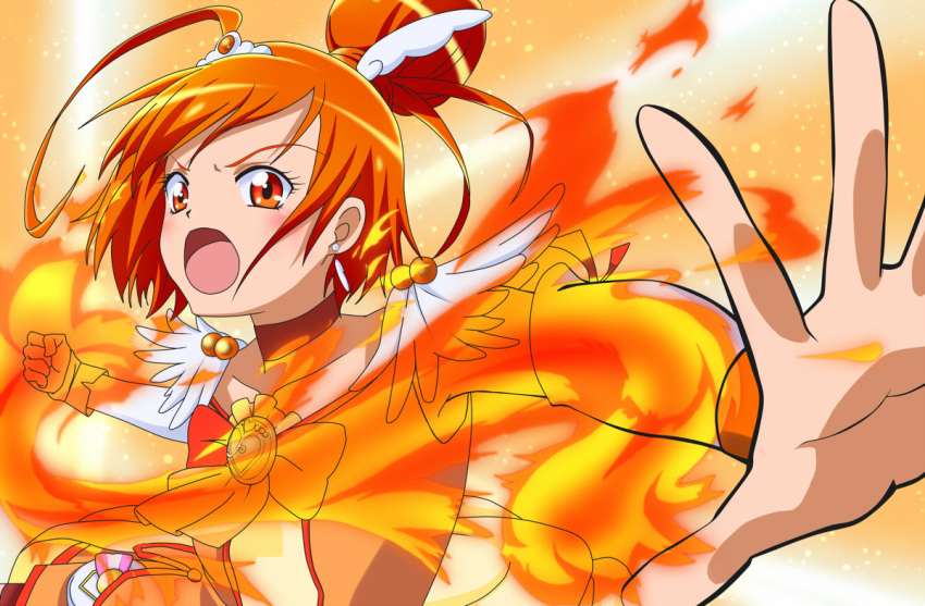 :o, angry, blush, choker, cure_sunny, fire, hair_bun, hino_akane, magical_girl, open_mouth, orange_(color), orange_background, orange_eyes, orange_hair, pettan-areinn, pettan_(areinn), precure, short_hair, smile_precure!, wrist_cuffs