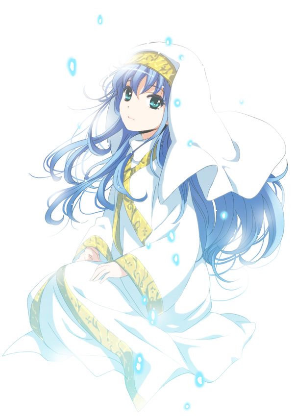 bad_id, blue_hair, cape, green_eyes, habit, harumi_chihiro, index, long_hair, looking_at_viewer, nun, robe, simple_background, smile, solo, to_aru_majutsu_no_index, white_background
