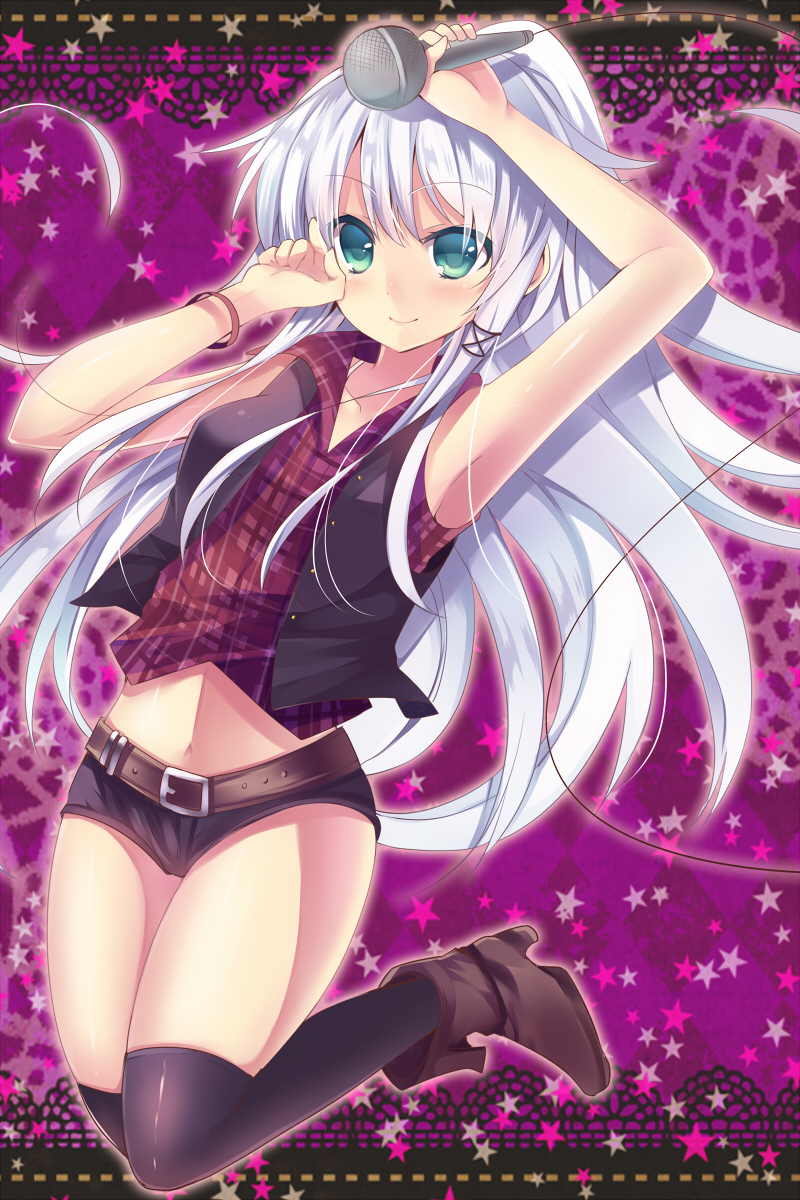 ancer_(mishima_kurone), anceril_sacred, argyle, argyle_background, arm_up, armpits, bad_id, belt