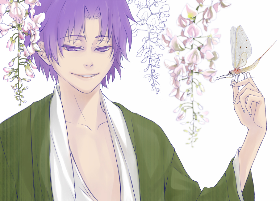 1boy, crest_worm, fate/zero, fate_(series), flower, genichikou, insect, japanese_clothes, kimono, male, matou_kariya, purple_eyes, purple_hair, solo, violet_eyes, what-if