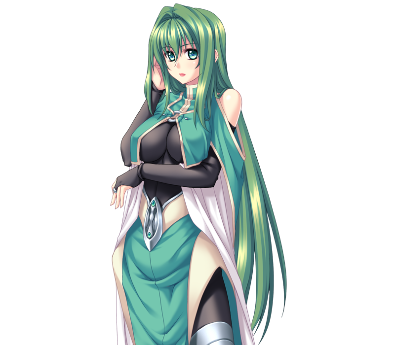 breasts, bridal_gauntlets, elleinduse_ol_tightrantell, green_hair, hips, kannatsuki_noboru, large_breasts, long_hair