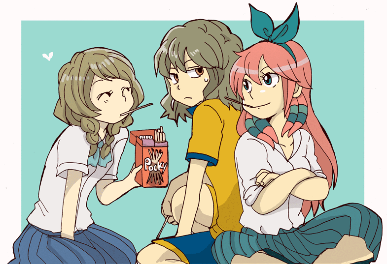 2girls, bad_id, brown_hair, closed_eyes, eyes_closed, hair_between_eyes, hair_ribbon, inazuma_eleven, inazuma_eleven_(series), inazuma_eleven_go, long_hair, mouth_hold, multiple_girls, nanashi_(21), pocky, red_hair, redhead, ribbon, school_uniform, seto_midori, shindou_takuto, short_hair, sleeves_rolled_up, yamana_akane