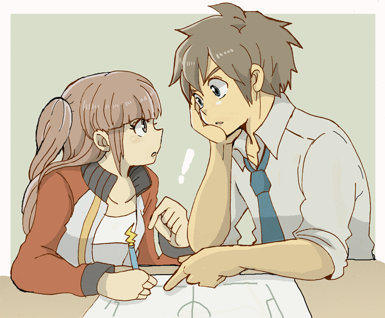 1boy, 1girl, bad_id, brown_hair, handa_shin'ichi, handa_shinichi, inazuma_eleven, inazuma_eleven_(series), inazuma_eleven_go, jacket, kisaragi_mako, long_hair, nanashi_(21), necktie, paper, pen, short_hair, twintails