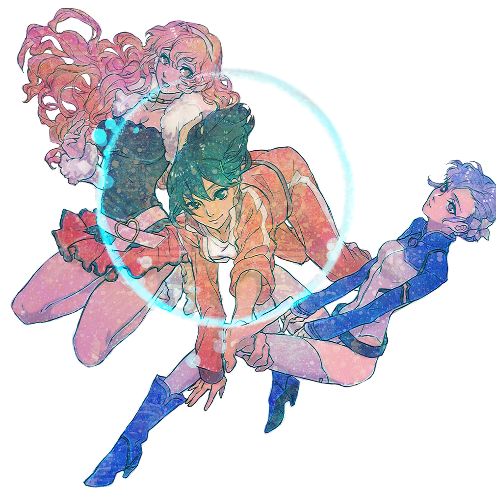 belt, blue_hair, bodysuit, boots, brown_hair, earmuffs, fin_ay_ludo_sui_lavinty, fin_e_ld_si_laffinty