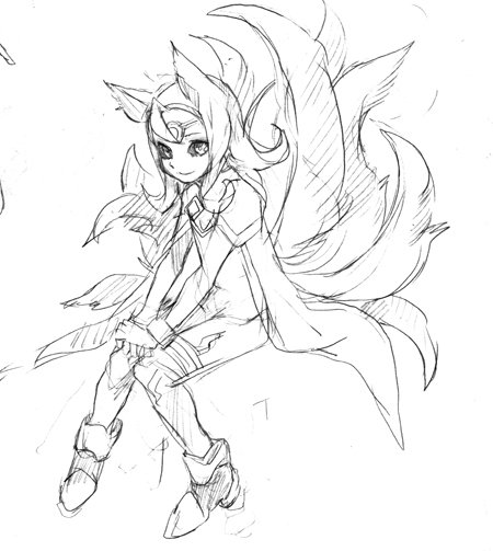black_sclera, fox_ears, fox_tail, kyubit_foxtar, monochrome, nemu_(isaya), rockman, rockman_zero