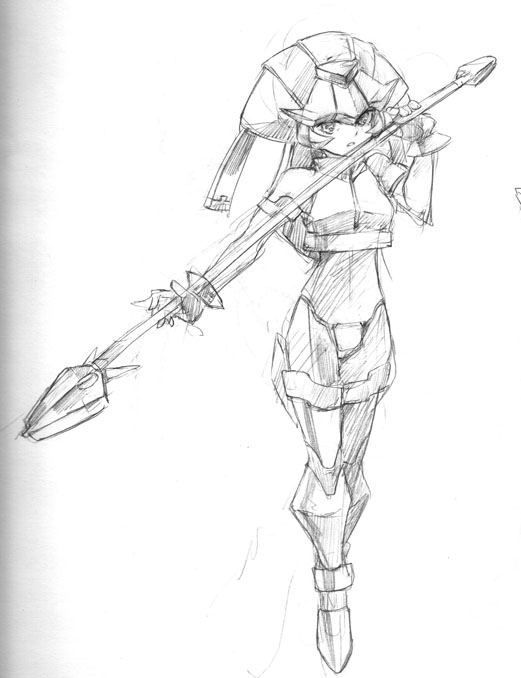 hat, monochrome, nemu_(isaya), pandora_(rockman), polearm, rockman, rockman_zx, sketch