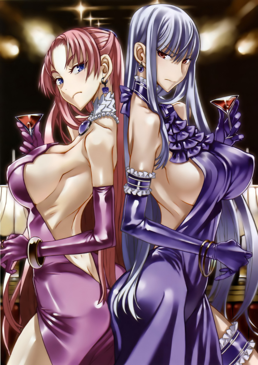 absurdres, back-to-back, backless_outfit, bangs, blue_eyes, bracelet, breasts, brooch