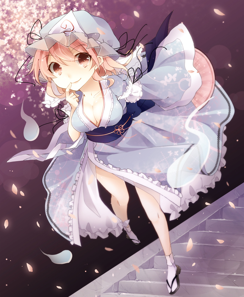 breasts, cherry_blossoms, cleavage, clog_sandals, fan, folding_fan, ghost, hat, hitodama, japanese_clothes, kuran_(mkmrl), kyuuran, obi, petals, pink_eyes, pink_hair, ribbon, saigyouji_yuyuko, short_hair, smile, solo, touhou, triangular_headpiece