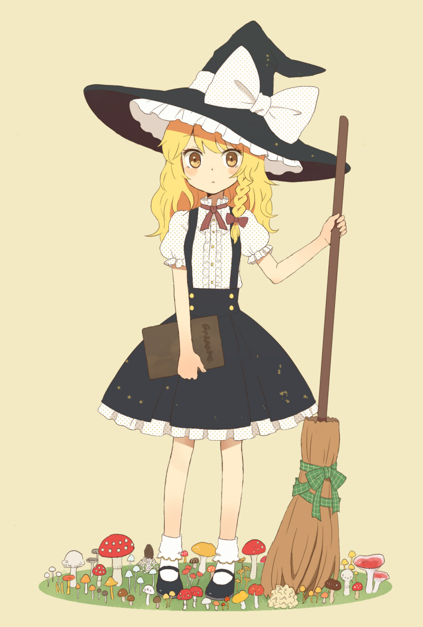 blonde_hair, bobby_socks, book, bow, braid, broom, footwear, hat