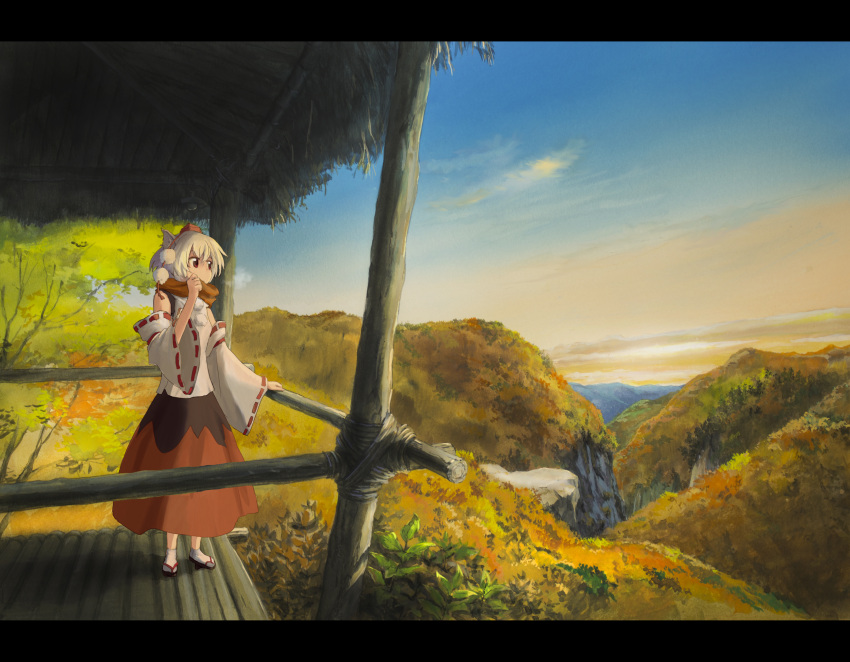 absurdres, animal_ears, bare_shoulders, blue_sky, cloud, detached_sleeves, hat, hat_ribbon
