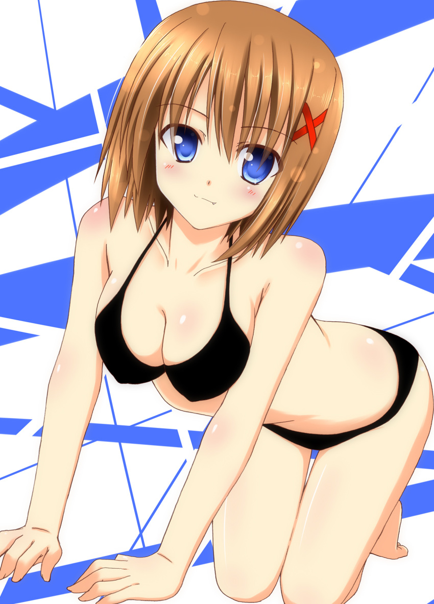 all_fours, bikini, blue_eyes, breasts, brown_hair, cleavage, fang, female