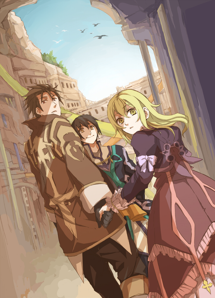 2boys, alvin_(tales_of_xillia), asaya-bigun, black_hair, blonde_hair, brown_eyes, brown_hair, dress, elise_lutus, gloves, holding_hands, jude_mathis, looking_back, multiple_boys, purple_dress, smile, tales_of_(series), tales_of_xillia, yellow_eyes