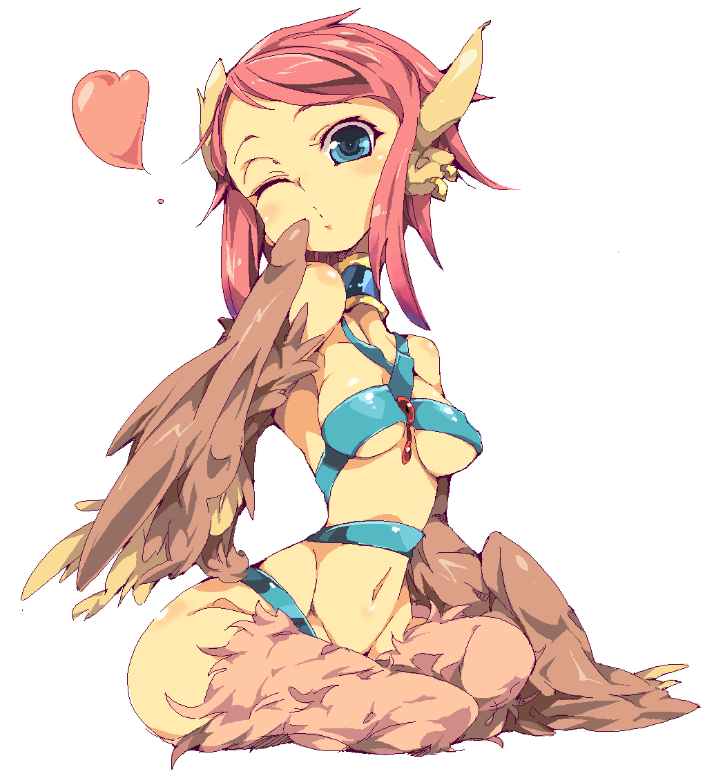 alabaster_(artist), artist_request, blue_eyes, blush, breasts, earrings, harpy, heart