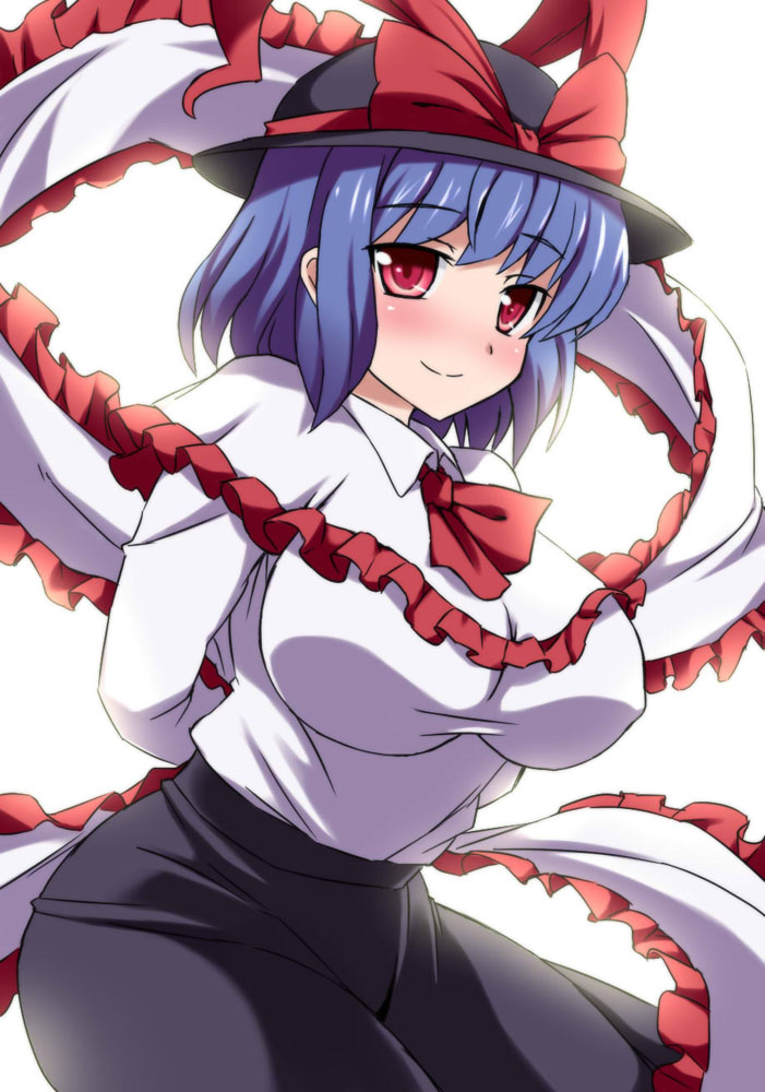 arms_behind_back, ascot, blue_hair, blush, bow, breasts, cleavage, hat