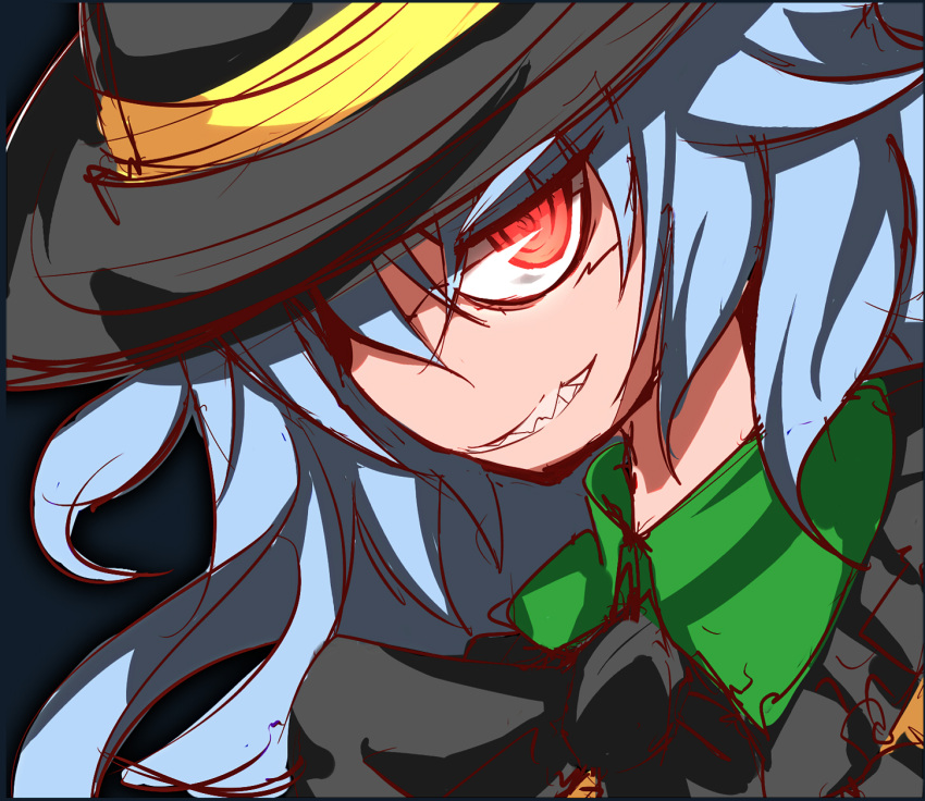 grin, hat, highres, komeiji_koishi, red_eyes, smile, solo, touhou, wavy_hair, white_hair, zamudelin