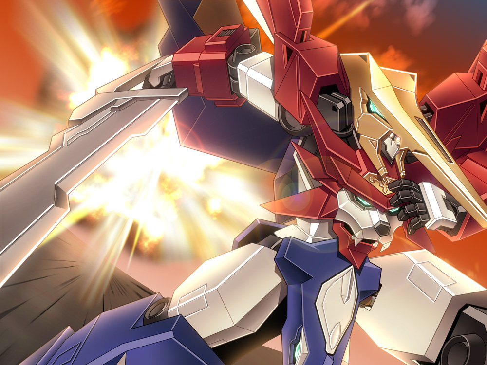 fumizuki_homura, g-elements, lens_flare, mecha, no_humans, solo, sword, weapon, xenogears