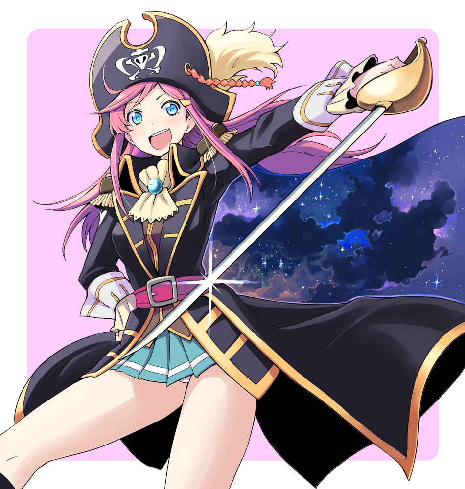 1girl, :d, belt, blue_eyes, bowieknife, cape, cravat, epaulettes