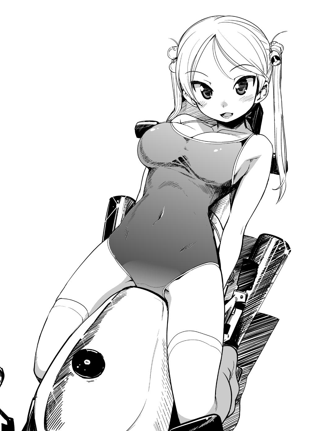bakuon!!, bell, breasts, exhaust, hair_bell, hair_ornament, highres, large_breasts, monochrome, motor_vehicle, motorcycle, navel, one-piece_swimsuit, orimoto_mimana, solo, suzuki, suzuki_katana, suzunoki_rin, swimsuit, thigh-highs, thighhighs, twintails, vehicle